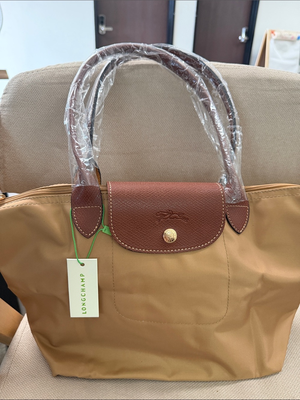 Longchamp Medium Yellow Tote with Brown Leather Trim